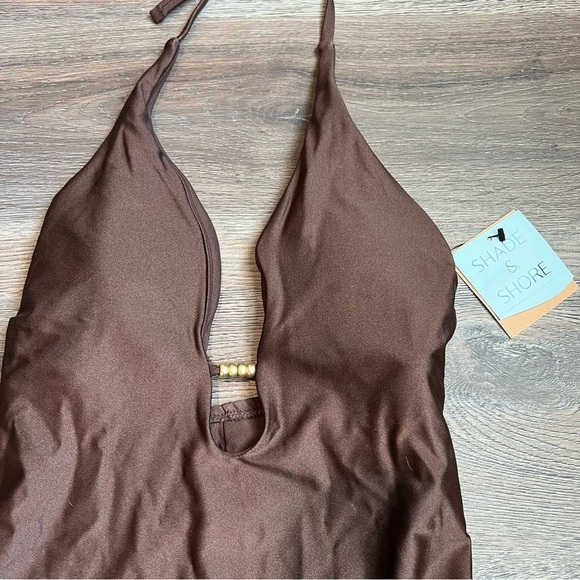 Women's High Shine Plunge Neck Cheeky One Piece Swimsuit Brown Small - Picture 3 of 5